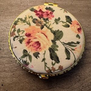Floral Compact Mirror with Gold Butterfly Trim